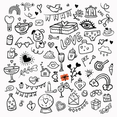Saint Valentine doodle hand drawn elements.Romantic fabruary illustration set. For gift and greeting cards