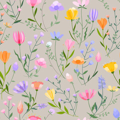 Vector floral seamless pattern. Set of leaves, wildflowers, twigs, floral arrangements. Beautiful compositions of field grass and bright spring flowers on grey background.
