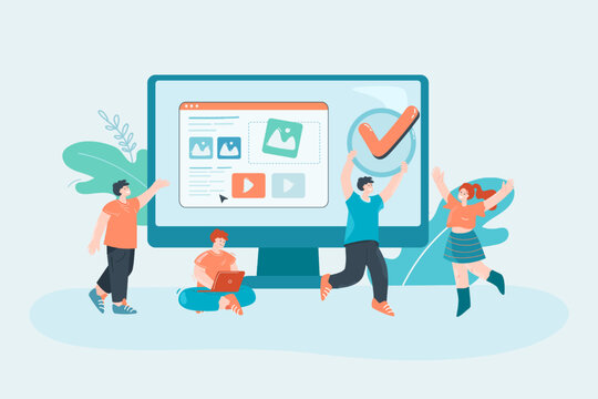 Tiny content creators with checkmark and huge computer screen. Creative business people adding information to website flat vector illustration. Content, marketing, creativity concept for banner