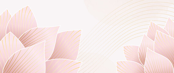 Luxury pink vector background of lotus flowers on a watercolor background with golden lines.  Elegant gold botanical illustration suitable for fabric, prints, cover.