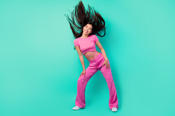 Full body photo of positive lady dancer her haircut fly she enjoy silky fresh therapy isolated cyan color background