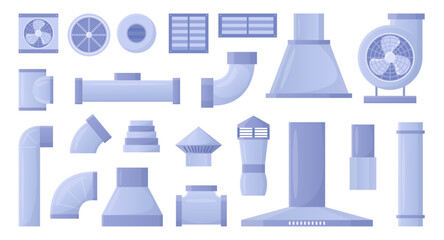 Air duct systems set. Vector illustrations of vent pipes with fan and ventilator, chimney and tubes. Cartoon ductwork for air conditioning, cooling and cleaning isolated on white. Ventilation concept