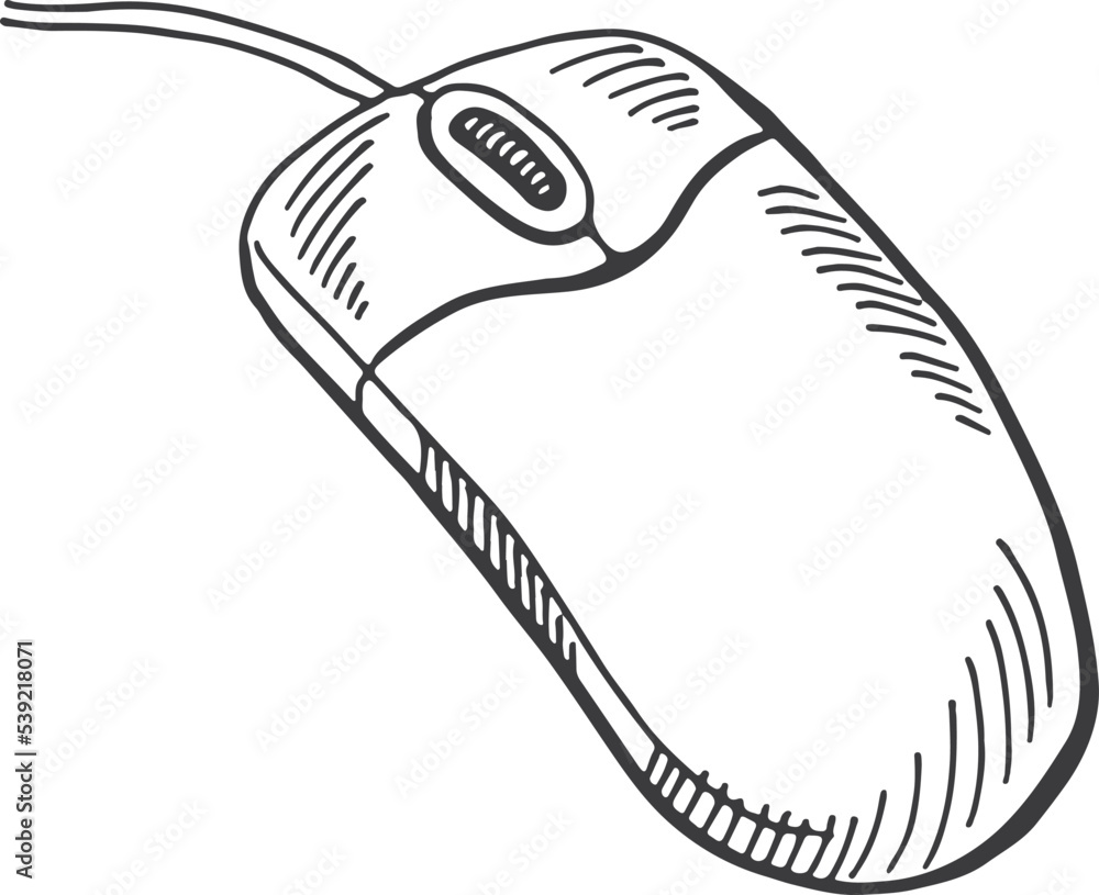 Aufkleber computer mouse icon in hand drawn style. pointing device sketch