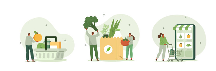 Grocery store illustration set. Character buying in supermarket and online fresh organic vegetables and other groceries and putting in bag or basket. Food buying concept. Vector illustration.