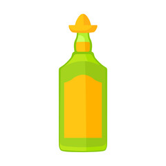 Cartoon Mexican traditional symbol. Flat vector illustration. Colorful bottle of tequila. Culture, travel, Mexica concept