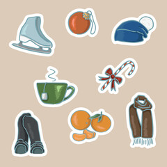 Winter stickers. Ice skates. Cap. Scarf. Tangerines. Candy. Christmas tree decoration. Warm socks. Cup of tea.