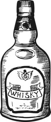 Whiskey bottle engraving. Bar menu logo drawing