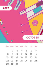 2023 October calendar abstract contemporary art vector. Desk screen desktop month 10, 2023, colorful 2023 calendar template agenda pattern. Psychedelic calendar day planner starts Sunday. October page