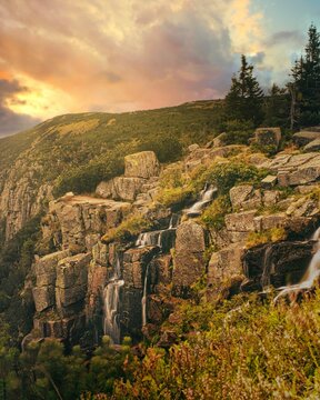 Pancava waterfall in the Giant Mountains during sunset