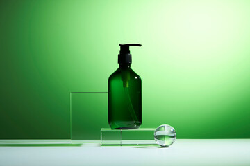 A product sample features a pump nozzle on a glass platform. Cosmetic product design with transparent geometric podiums on a green background.