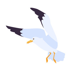 Cartoon beach seagull flying in sky vector illustration. Isolated flat gull sitting and soaring on blue background. Atlantic bird, nature concept for apps, advertising