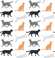 Vector seamless pattern of flat hand drawn cats isolated on white background
