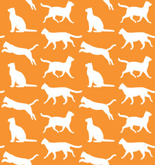 Vector seamless pattern of flat hand drawn cats silhouette isolated on orange background