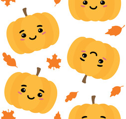 Vector seamless pattern of hand drawn flat pumpkin with face isolated on white background