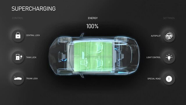 Futuristic Interface with Electric Car Elements. Showing Main Parts Inside Electric Car: Charge, Battery, Controller, Engine, Settings. Holographic Display.