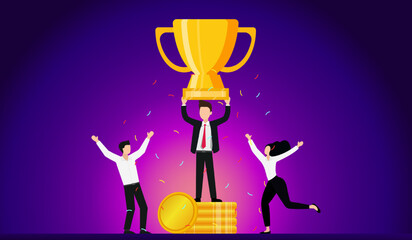 Businessmen stand on medals and trophies with staff showing joy. Leading your business and team to grow and be at the forefront of the business comes with rewards that are both financial and comfort
