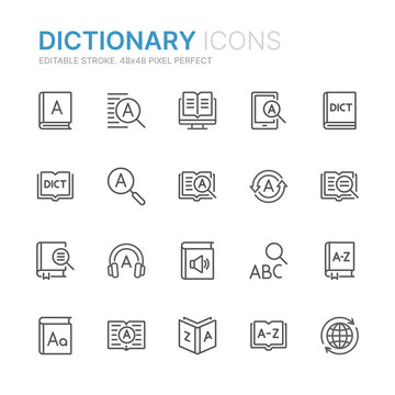 Collection of dictionary related outline icons. 48x48 Pixel Perfect. Editable stroke