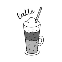 Hand drawn latte coffee cup with lettering. Vector doodle illustration isolated on white. Perfect for menu designs for cafes, restaurants, coffeehouses and coffee shops.