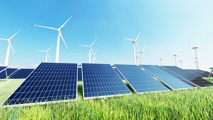 Solar Panels And Wind Turbines In Grassy Field With Sunlight. Renewable Energy Concept. 