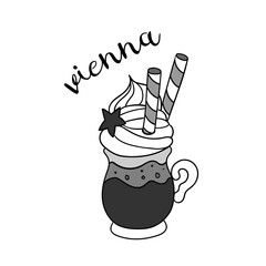 Hand drawn vienna coffee cup with lettering. Vector doodle illustration isolated on white. Perfect for menu designs for cafes, restaurants, coffeehouses and coffee shops.