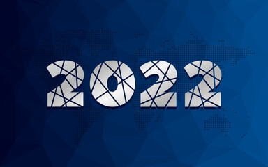 2022 vector icon with dotted world map and blue low poly background. Element for business, web design, infographic, event, presentation, media