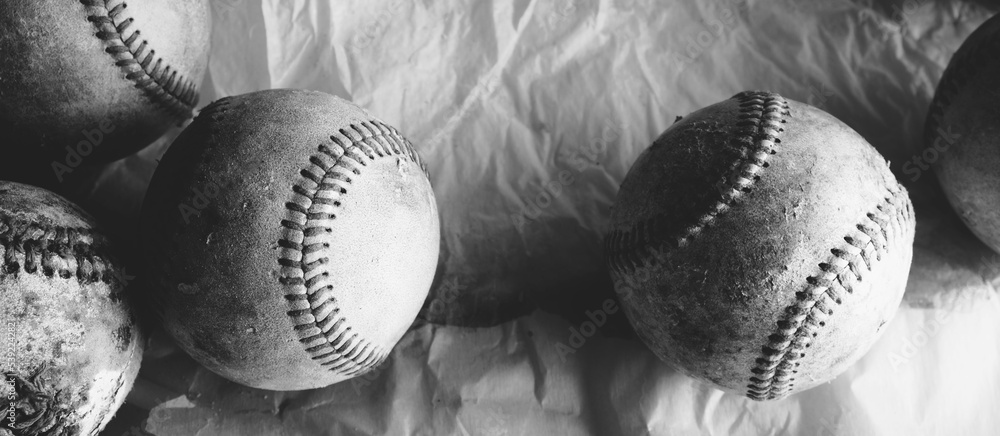 Sticker old used baseballs from sport in black and white for banner background. - Stickers