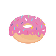 Donut with pink glaze. Donut icon. Cute, colorful and glossy donut with pink glaze and multicolored powder. Simple modern design. Vector illustration in cartoon style
