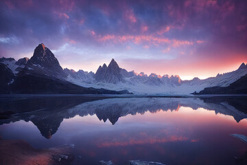 Fototapeta na wymiar Huge beautiful mountains and calm waters, colorful sunsets
