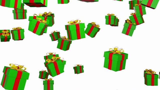 Falling gift boxes isolated on white background 3d render. Green gift boxes tied with a red ribbon with a bow. Present boxes falls. Concept of giving gifts for the holiday