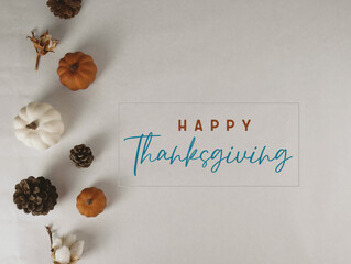 Happy Thanksgiving flat lay background with top view of pumpkins and pine cones in rustic style for holiday greeting