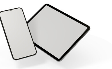 Naklejka na ściany i meble Photo Black tablet computer and smartphone with blank 3d