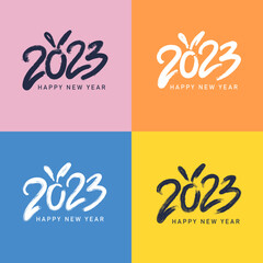 2023 brush stroke lettering set.Hand drawn number 2023 with hare silhouette.Textured 2023 logo for card, postcard, calendar, promotion, sale design template. Happy New Year symbols.