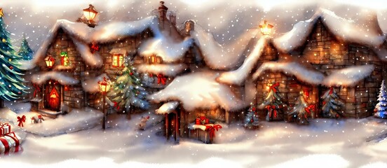 Snowy Village With A Christmas Tree, Interesting Background Wallpaper. Illustration Digital Art Style.