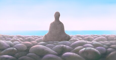 Meditation stone at the beach, Concept idea art of spiritual, soul, nature, faith and sea. Surreal conceptual artwork. 3d illustration. painting.
