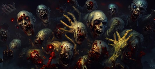Halloween Horror Zombies With Their Hands In The Air, Incredible Wallpaper Background. Epic Concept Art Style Illustration.