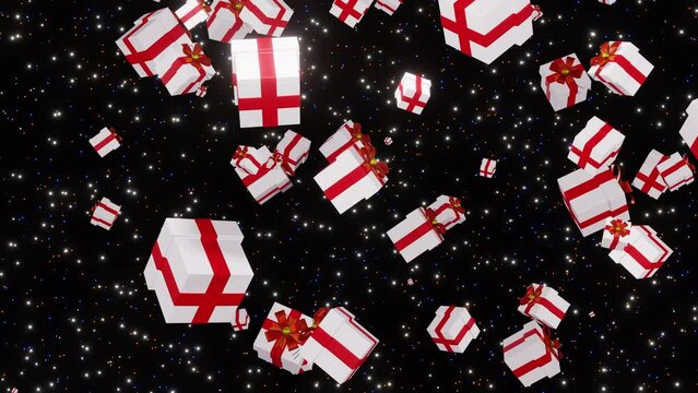 Falling gift boxes isolated on stars background 3d render. White gift boxes tied with a red ribbon with a bow. Present boxes falls. Concept of giving gifts for the holiday