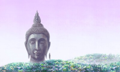 Head of Buddha in surreal nature landscape. Concept idea artwork of religion, spiritual, belief, Buddhism. Surreal painting 3d illustration, Conceptual artwork