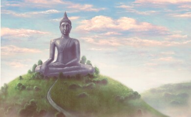 Buddha statue in surreal nature landscape. Concept idea artwork of religion, spiritual, belief, Buddhism. Surreal painting 3d illustration, Conceptual artwork