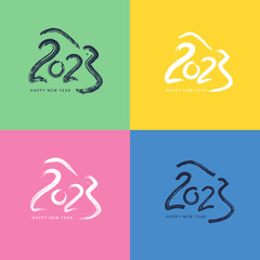 2023 brush stroke lettering set.Hand drawn number 2023 with hare silhouette.Textured 2023 logo for card, postcard, calendar, promotion, sale design template. Happy New Year symbols.