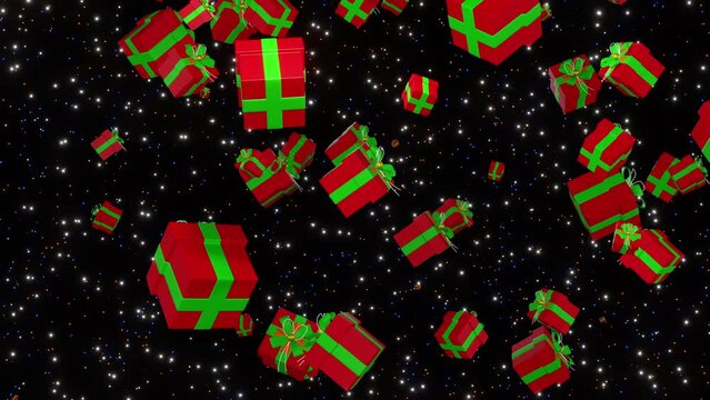 Falling gift boxes isolated on stars background 3d render. Red gift boxes tied with a green ribbon with a bow. Present boxes falls. Concept of giving gifts for the holiday