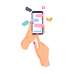 Hands holding, touching mobile phones displays, using apps online. Chat telephone internet app. Flat vector illustration. Digital communication