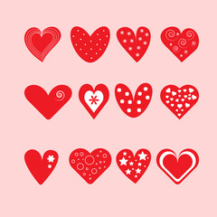Vector set with decorated hearts isolated on pink background for Valentine's day. Love concept graphic elements