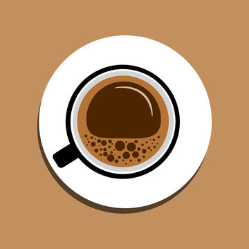 Vector cup of coffee with foam on a white saucer on a brown background top view. Minimal design flat style illustration