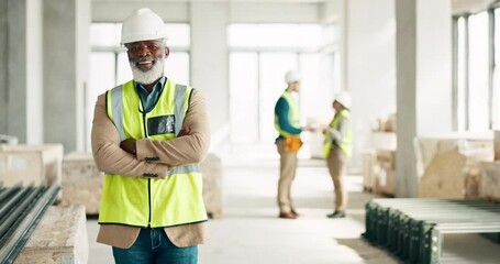 Senior black man, architect and business construction with crossed arms for building industry on site. Portrait of a confident elderly African male engineer, builder or architecture at the workshop
