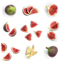 Set of fresh whole and sliced figs isolated on white background. Top view