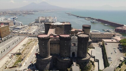 Bird's eye view of Castel Nuovo against the Tyrrhenian Sea in Napoli, Italy