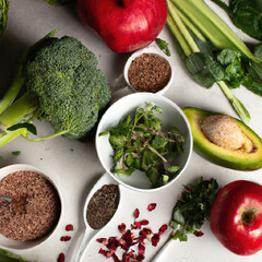 Healthy food clean eating selection fruit, vegetable, seeds, superfood, cereal, leaf vegetable on...