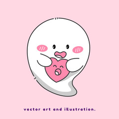 Little ghost holding a cute heart. Cartoon vector art and illustration.