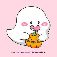 Little ghost holding a cute smiling pumpkin. Cartoon vector art and illustration.