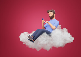 Cartoon beard character man use smartphone seat on cloud over red background.